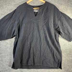 MANTA‎ Black Cotton V Neck Textured Short Sleeve Men XL Shirt Relax Yoga Tai Chi